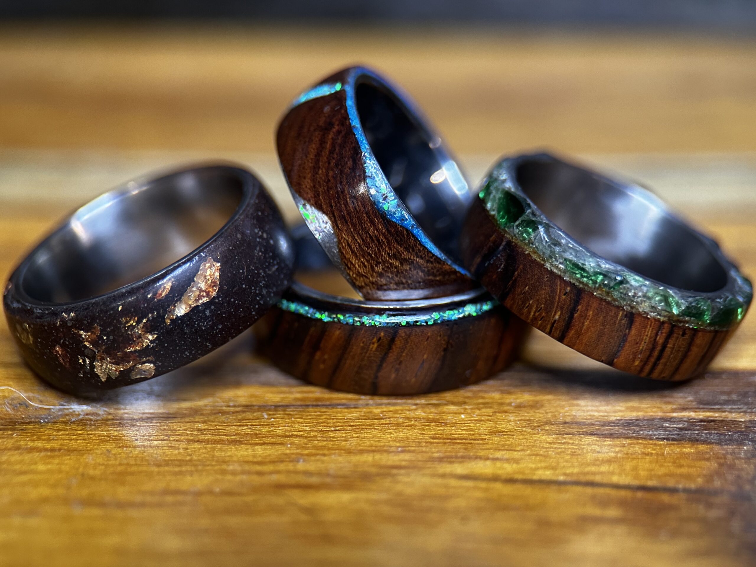 Wood wedding rings with different variations.