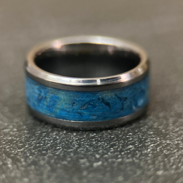 The Cape sea glass ring with blue sea glass and outer tungsten core.