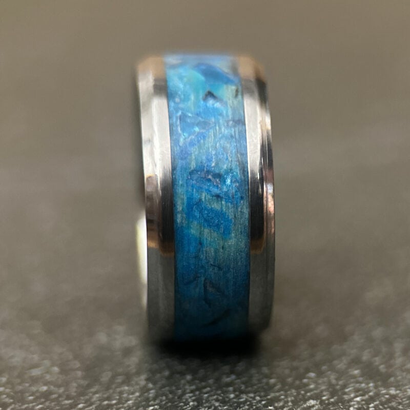 The Cape Blue Sea glass ring with outer tungsten core.