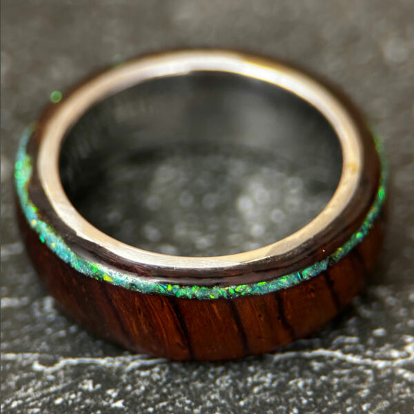 Fractured wood ring with cocobolo wood and mint green opal inlay.