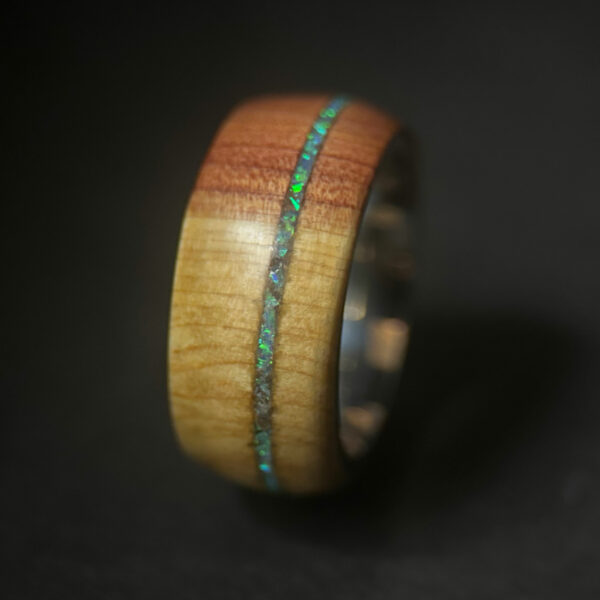 cedar ring with green opal inlay and tungsten core