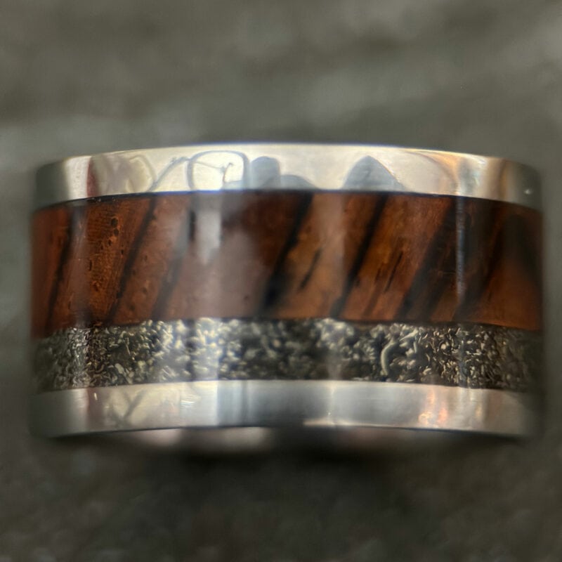 cocobolo hardwood wedding ring with meteorite inlay and stainless steel core