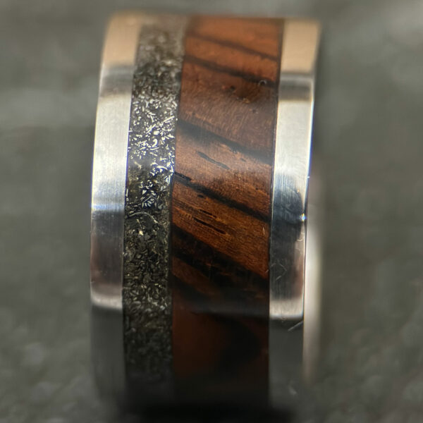 cocobolo hardwood wedding ring with meteorite inlay and stainless steel core