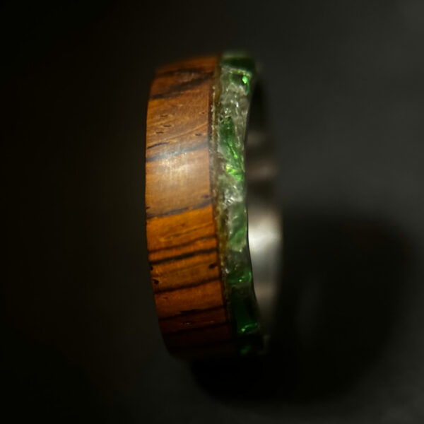 Recycled glass and wood ring.