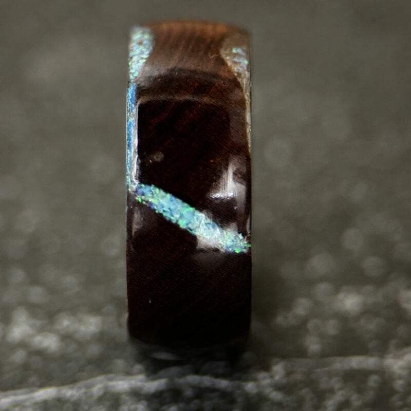 Fractured wood ring with Indian rose wood and blue opal inlay