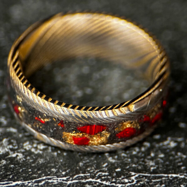 Golden Sky Fire ring with 24K gold plated stainless Damascus steel with gold leaf, meteorite, and red opal inlay.