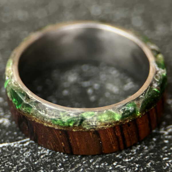 Green recycled glass and wood ring.