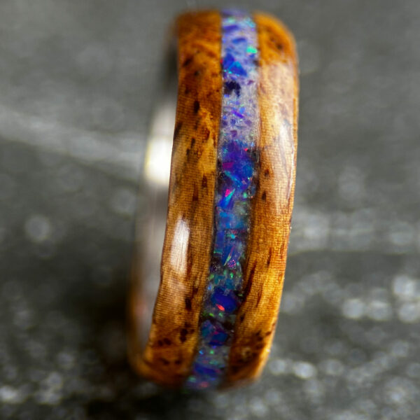 Cocobolo wooden wedding ring with multicolored opal inlay