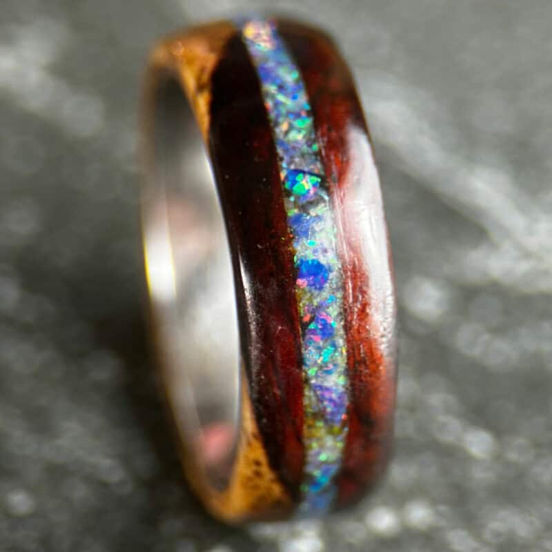 Cocobolo wooden wedding ring with multicolored opal inlay
