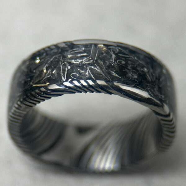 Damascus steel ring with Pershing tank inlay.