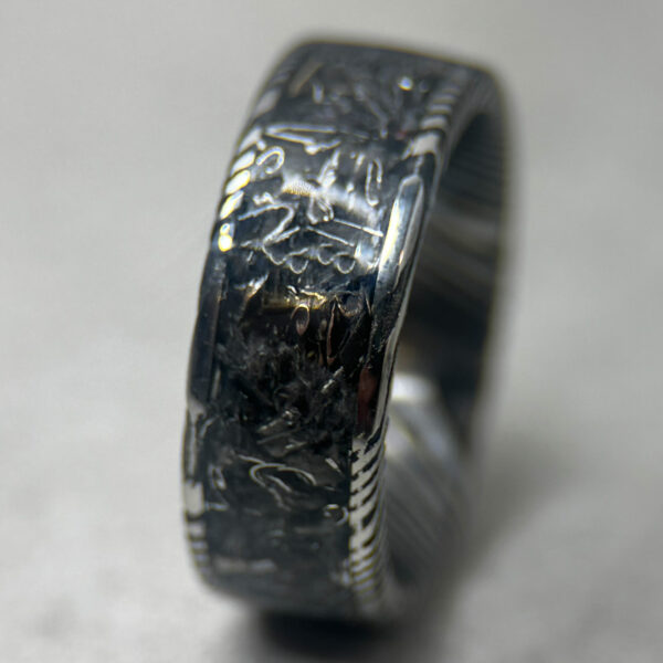 Damascus steel ring with Pershing tank inlay.