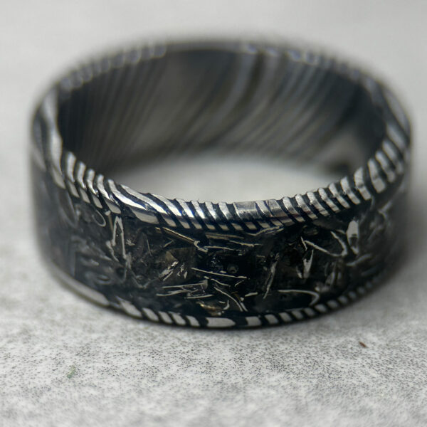 Damascus steel ring with Pershing tank inlay.