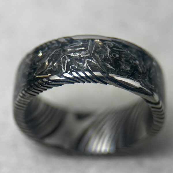 Damascus steel ring with Pershing tank inlay.