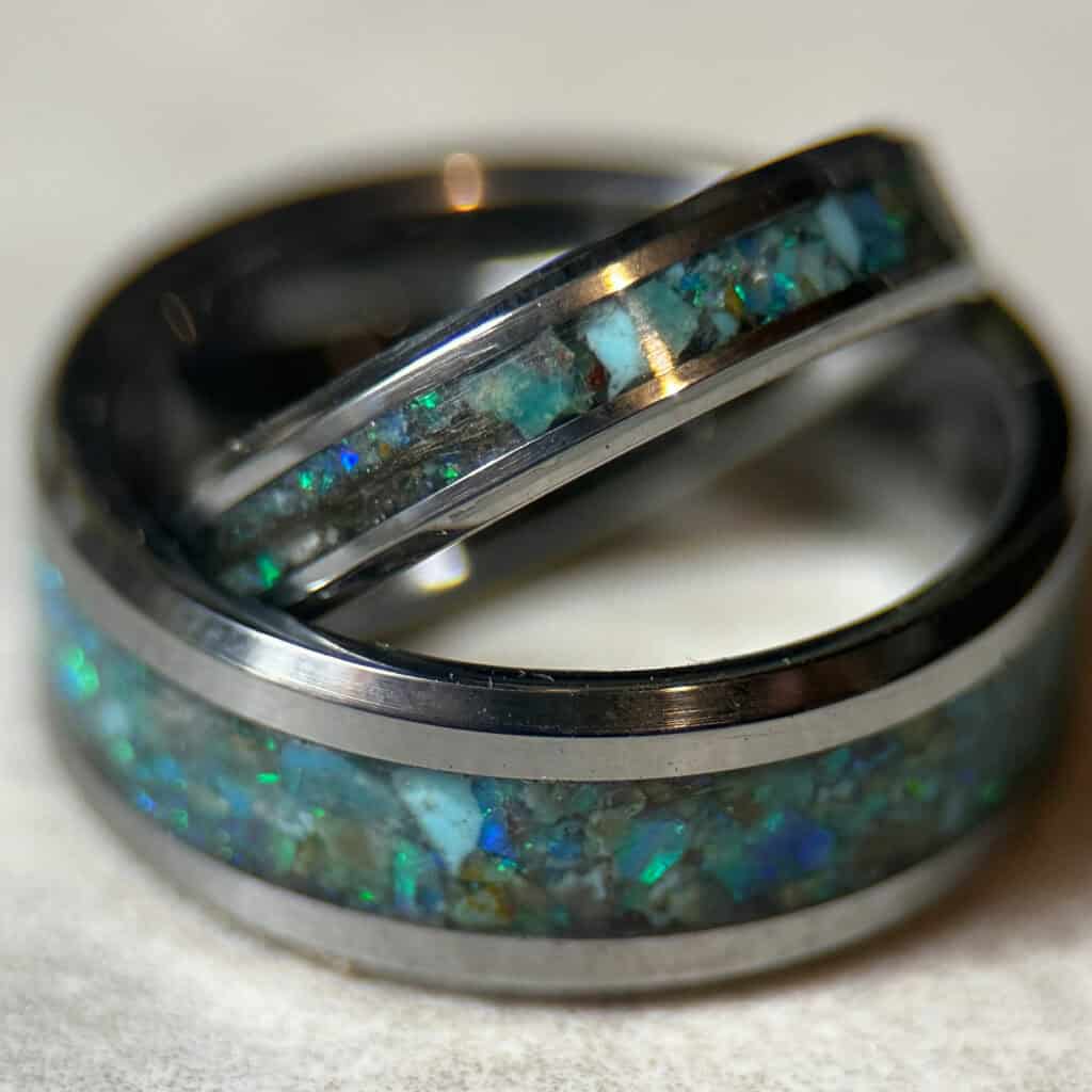 Memorial jewelry, couples pair. Includes hair and turquoise birthstone. 