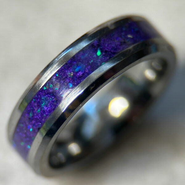 Tungsten ring with purple opal inlay. Pancreatic cancer ring.