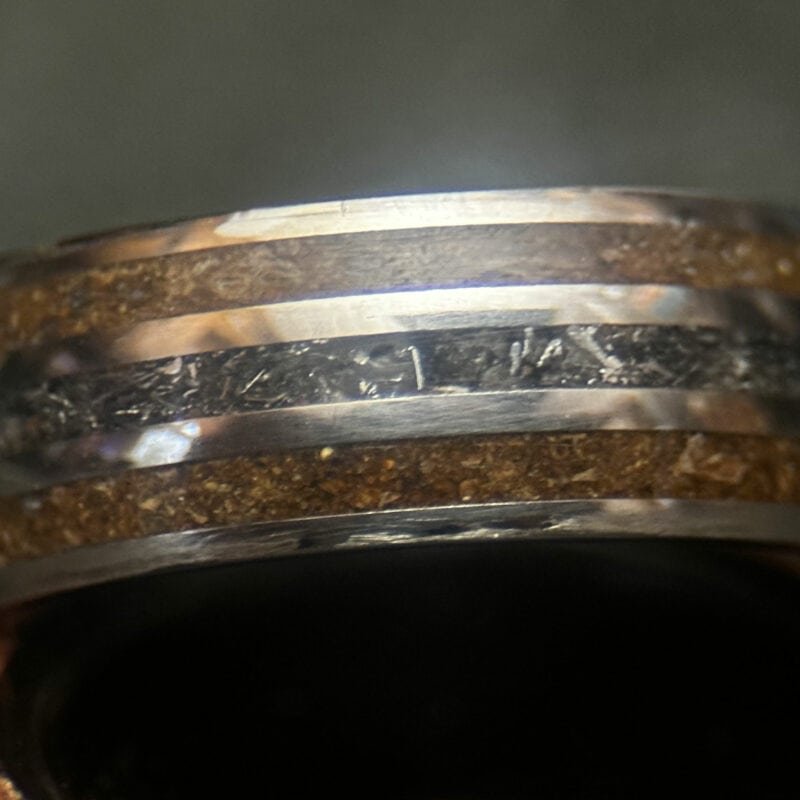Triceratops fossil ring with meteorite in center on dark background