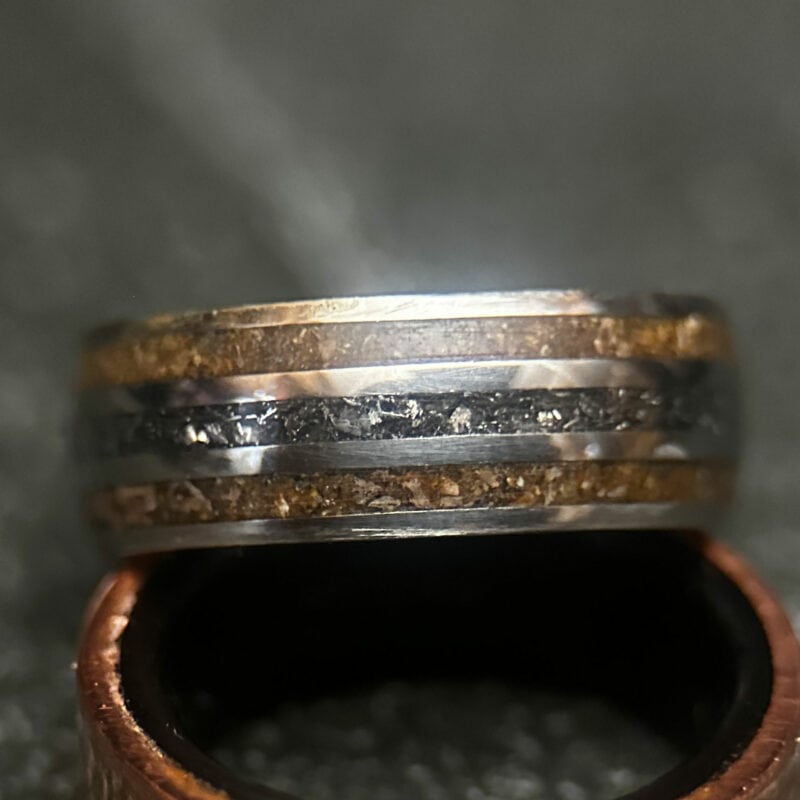 Triceratops fossil ring with meteorite in center on dark background