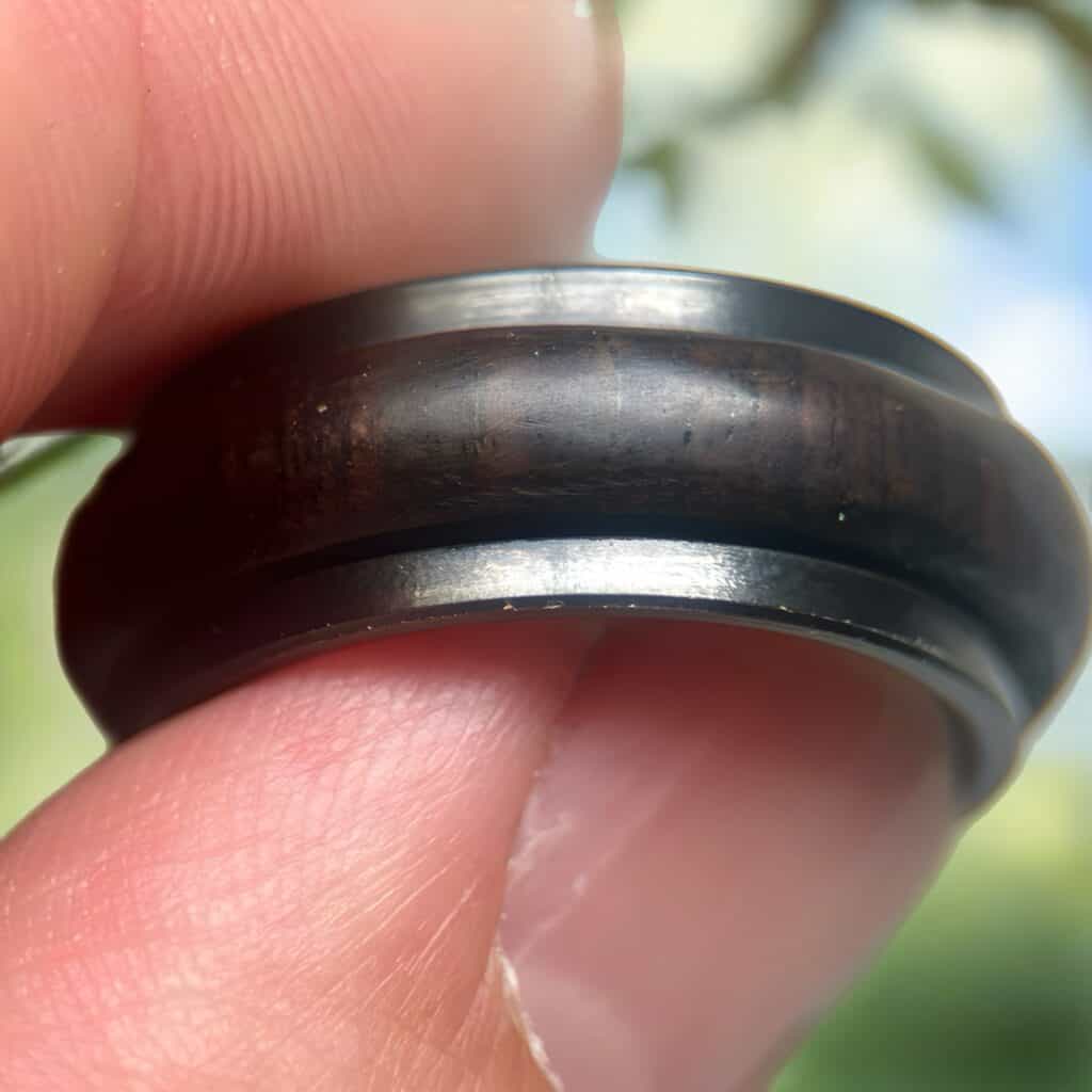 Blackwood fidget spinner ring held with two fingers