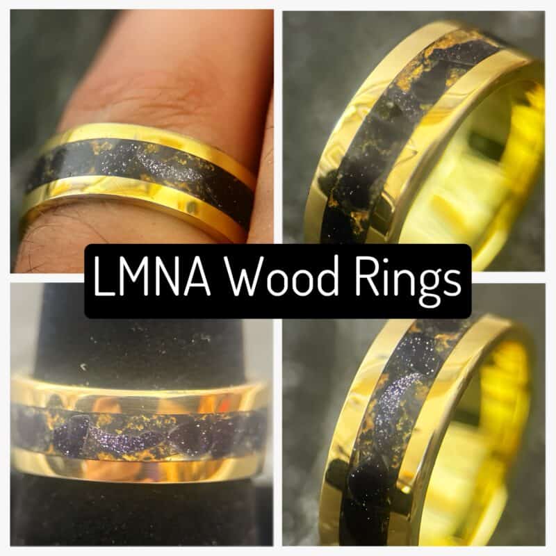 Image of four nordic gold rings. Text reads LMNA wood rings.