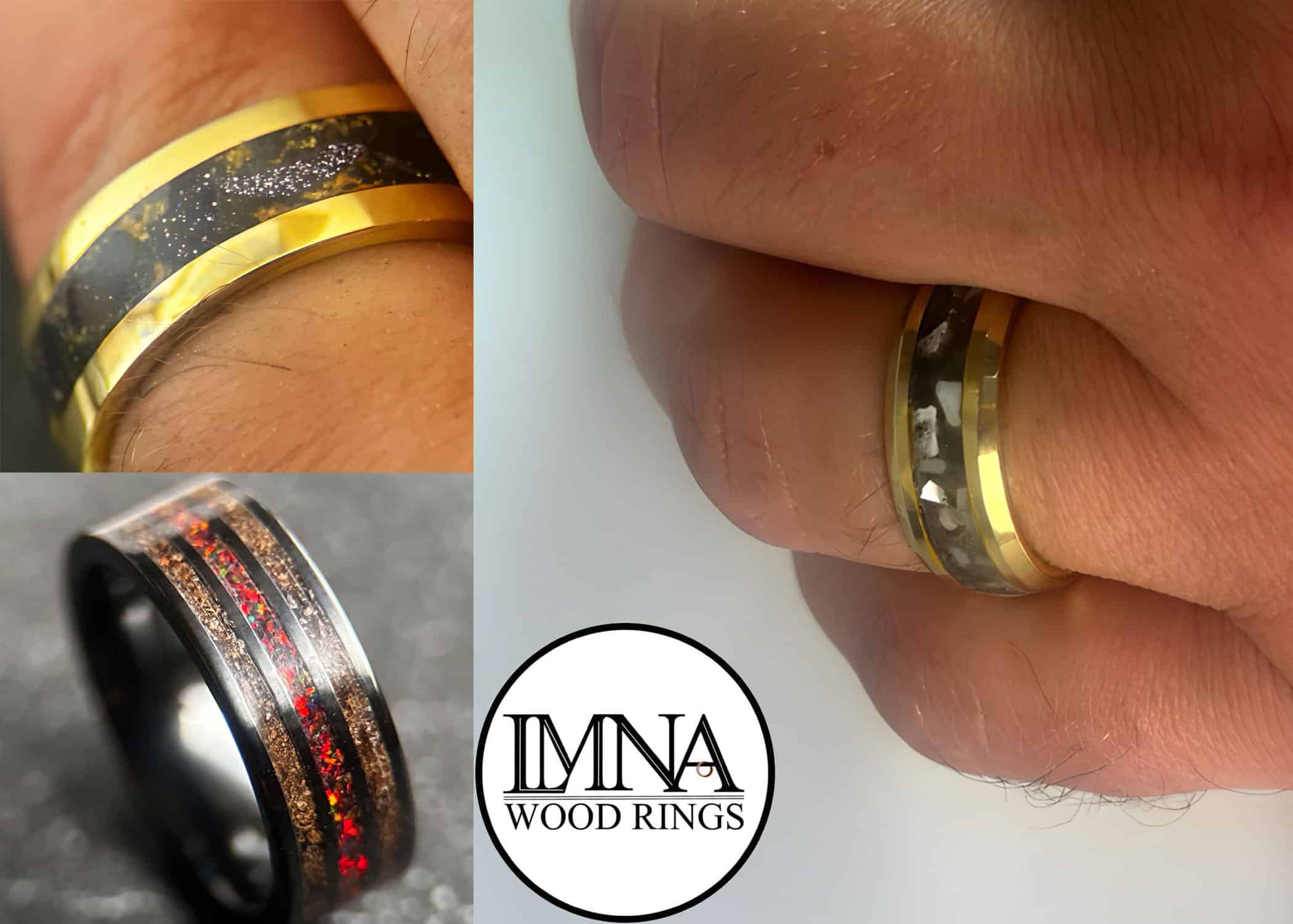 three custom handmade wedding rings, two shown on fingers and the other a neutral background. text reads: lmna wood rings