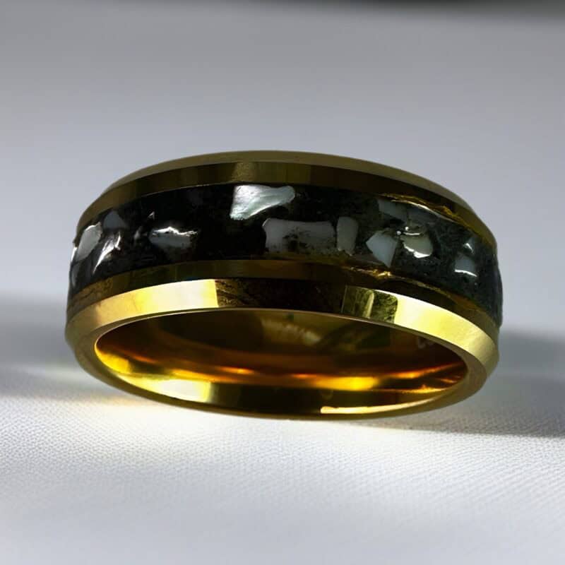Golden Hunter - Nordic gold ring with mother of pearl and megalodon inlay