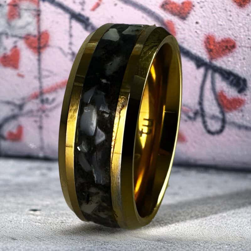 Golden Hunter - Nordic gold ring with mother of pearl and megalodon inlay