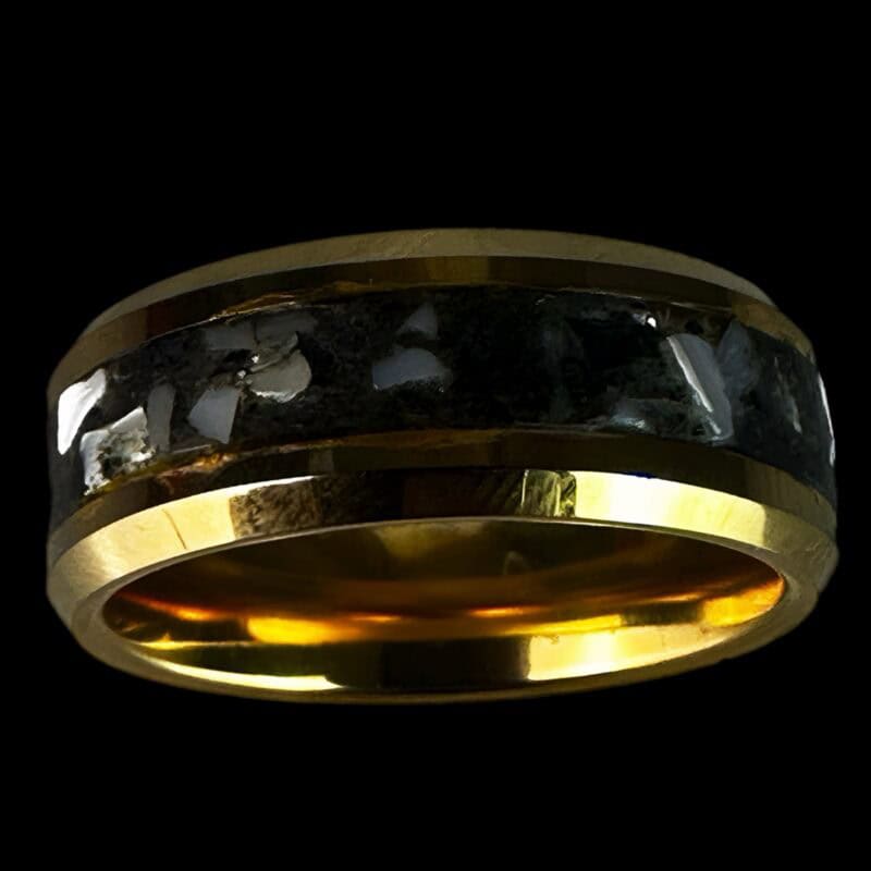 Golden Hunter - Nordic gold ring with mother of pearl and megalodon inlay