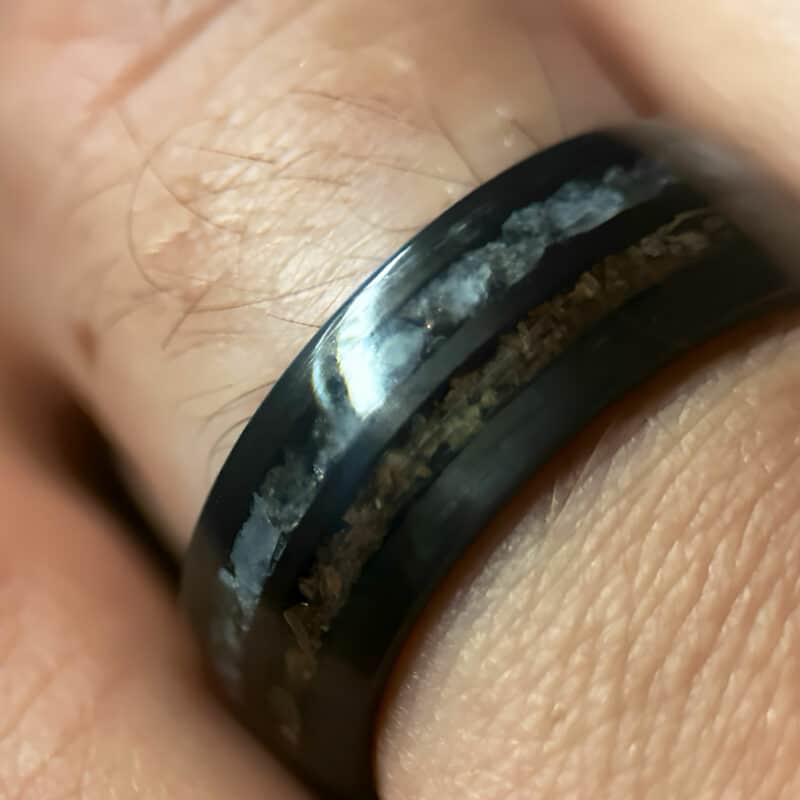 Hunter's Moon Ring. Moonstone and t-rex double channel ring on finger