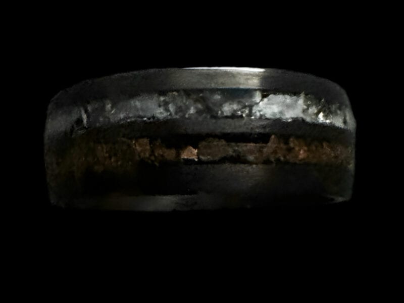 Hunter's Moon Ring. Moonstone and t-rex double channel ring on black.