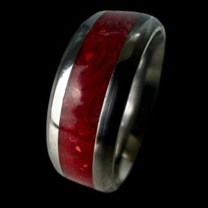Red coral stone ring with tungsten comfort core.