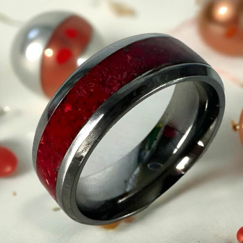 Red coral stone ring with tungsten comfort core.