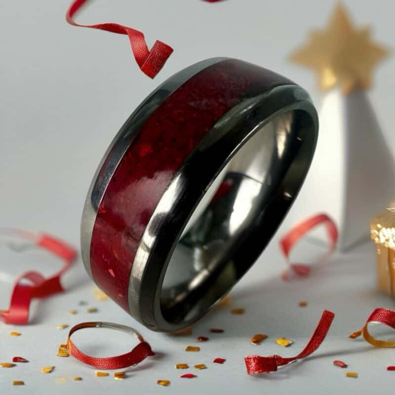 Red coral stone ring with tungsten comfort core.