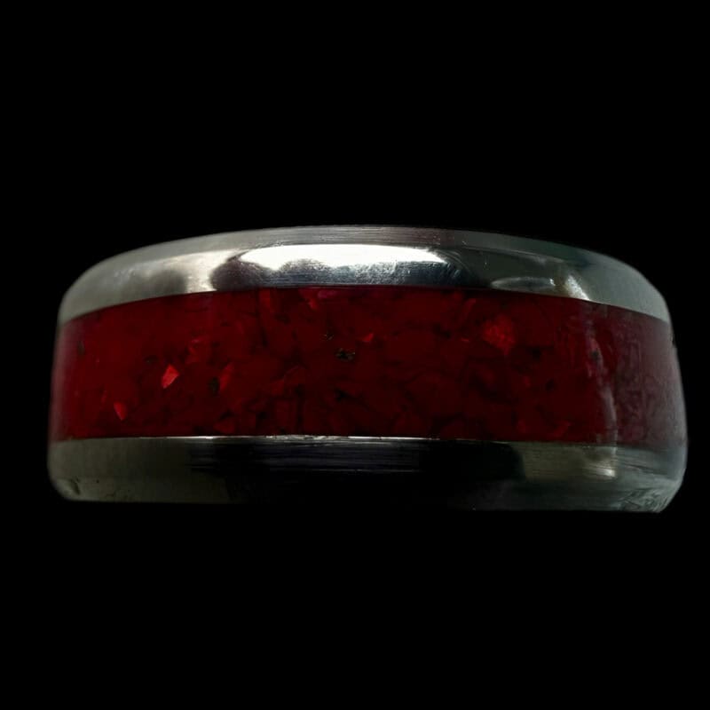 Red coral stone ring with tungsten comfort core.