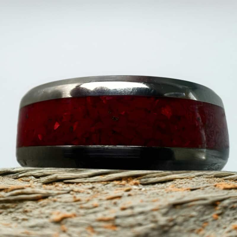 Red coral stone ring with tungsten comfort core.