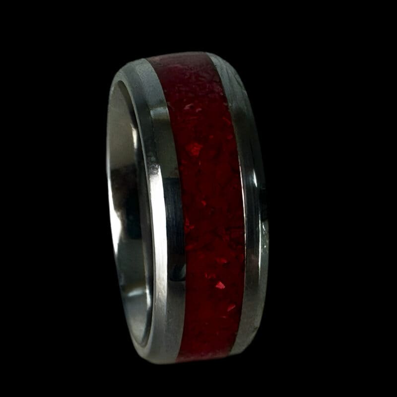 Red coral stone ring with tungsten comfort core.