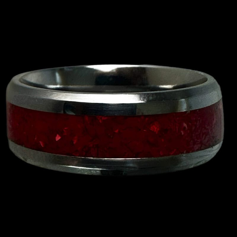 Red coral stone ring with tungsten comfort core.
