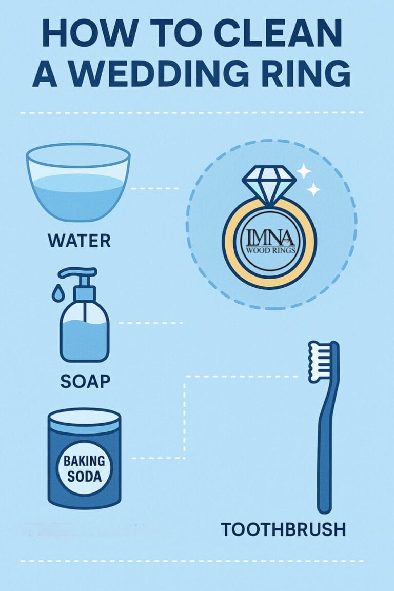 Image for how to clean a wedding ring, showing some common items used. Text reads: how to clean a wedding ring; water, soap, baking soda, toothbrush