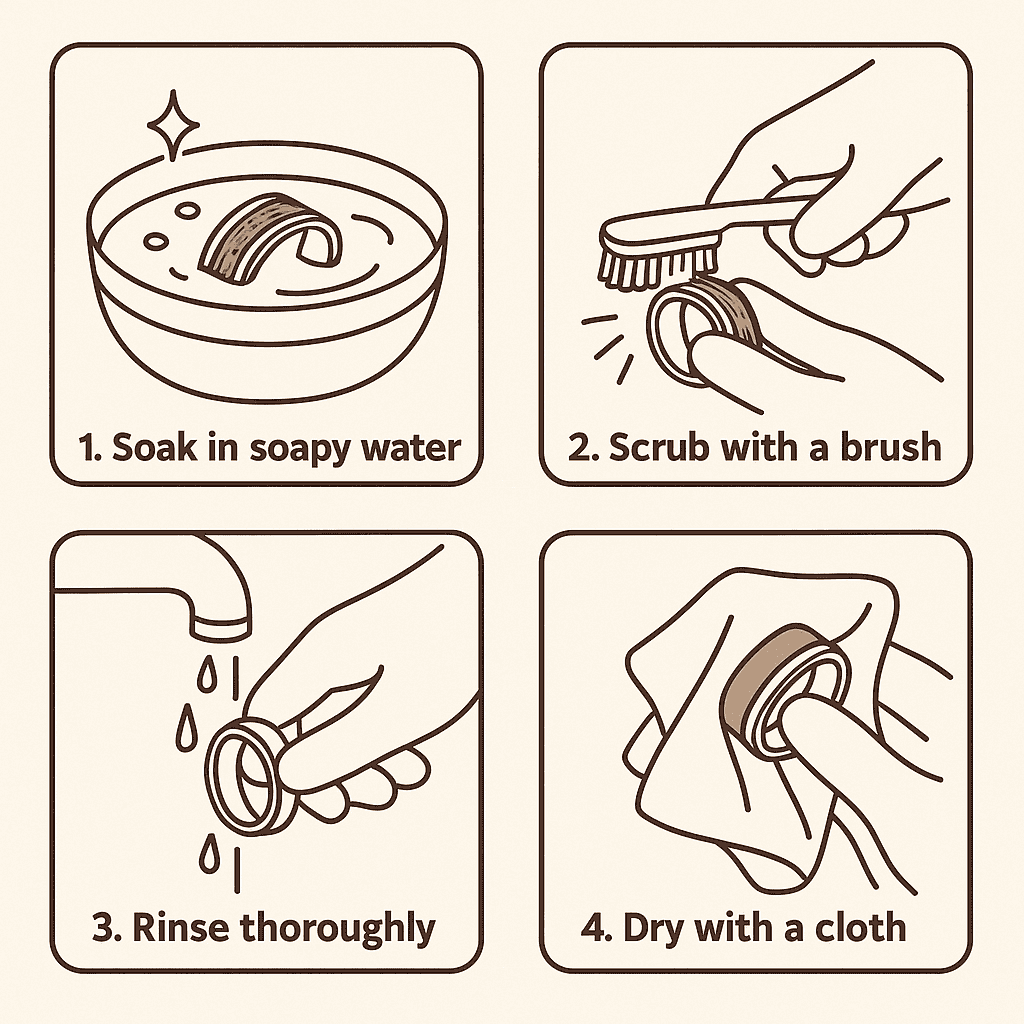 Steps to cleaning a wedding ring made from gold. Text reads 1 soak in soapy water, 2 scrub with a brush, 3. rinse thoroughly, 4 dry with a cloth
