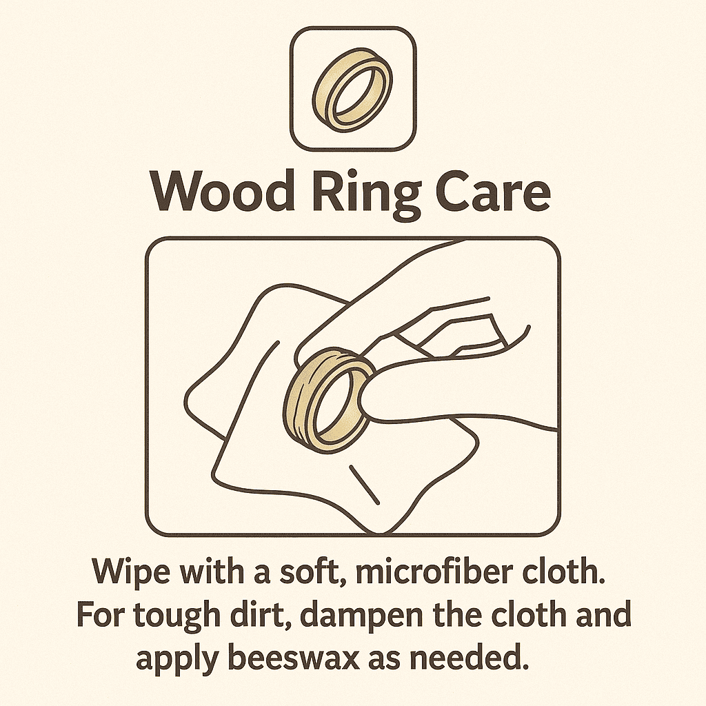 Cleaning a wood ring. Text reads: wood ring care, wipe with a soft, microfiber cloth. For tough dirt, dampen the cloth and apply beeswax as needed.