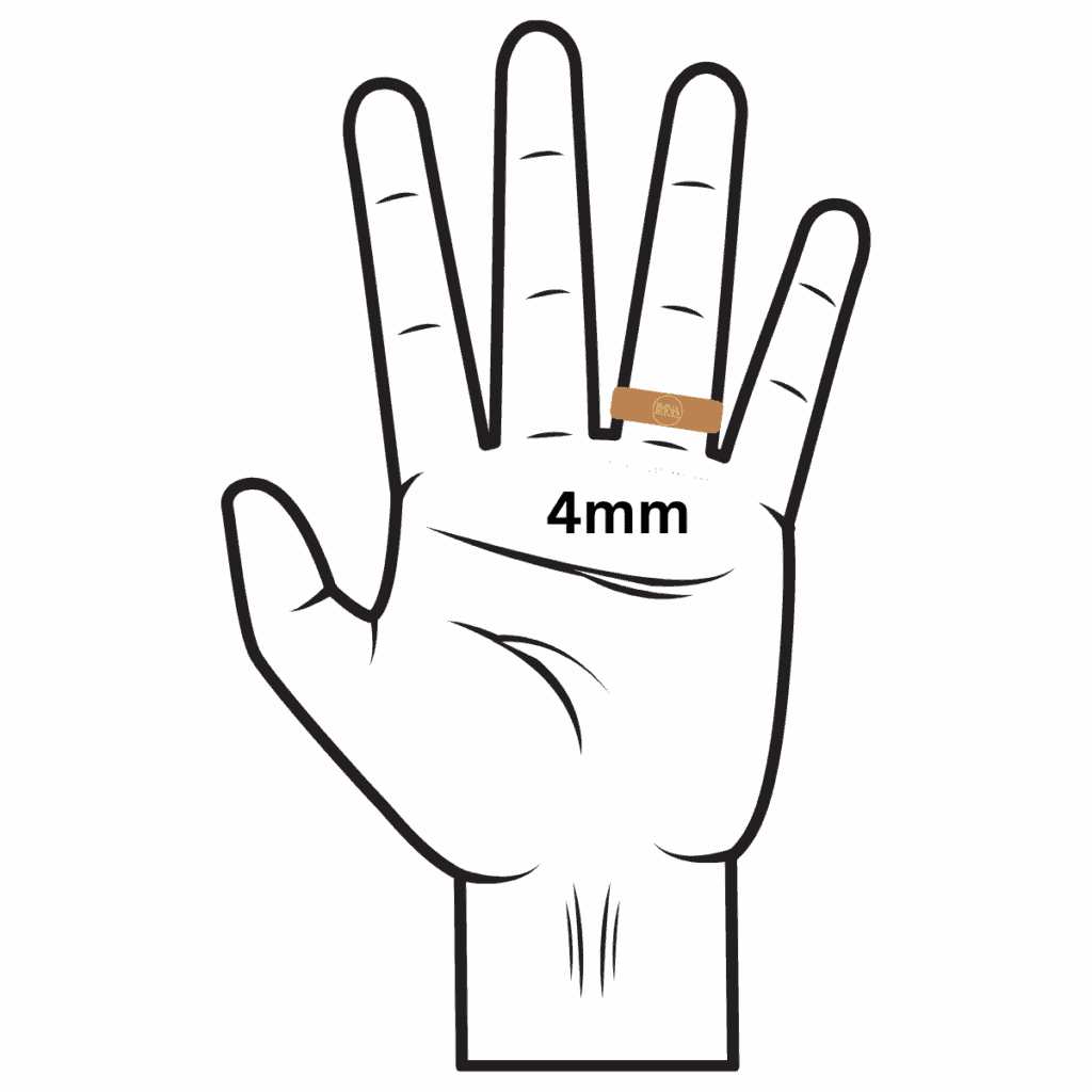 Ring width guide showing a representation of a 4mm wide ring on a drawn hand image. Text reads LMNA Wood Rings, 4mm.