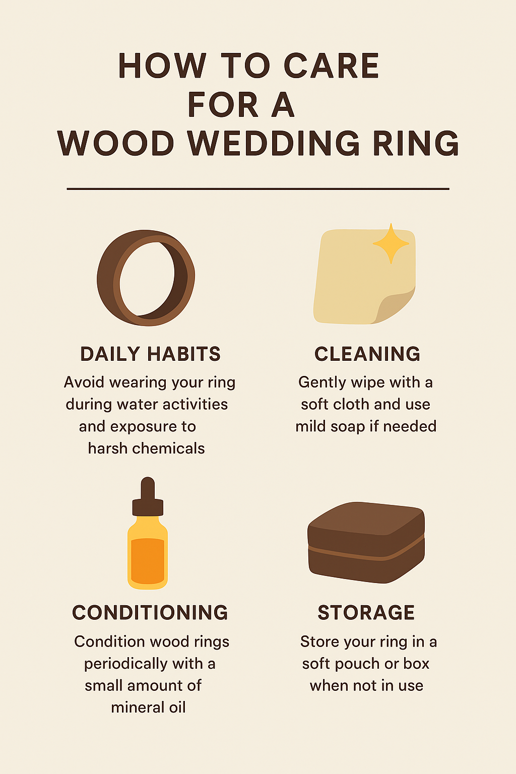 Images depicting graphics of cleaning wood wedding rings: including a wood ring, microfiber cloth, conditioning bottle, and storage. Text reads:  how to care for a wood wedding ring, daily habits avoid wearing your ring during water activities and exposure to harsh chemicals; cleaning gently wipe with a soft cloth and use mild soap as needed; conditioning condition wood rings periodically with a small amount of mineral oil; storage store your ring in a soft pouch or box when not in use.