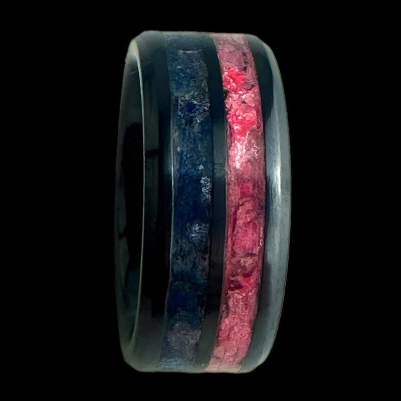 Pregnancy and infant loss awareness ring. Black ceramic duel channel comfort core with pink and blue inlays.