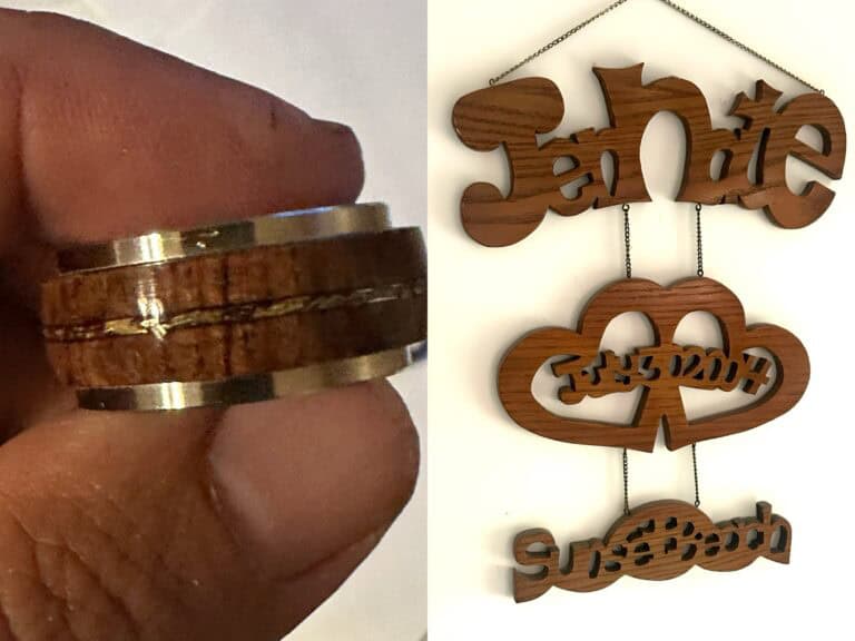 Wood anniversary gift ideas: wooden fidget ring on the left and wooden decor that reads: Jennate, july 30, 2004, sunsetbeach