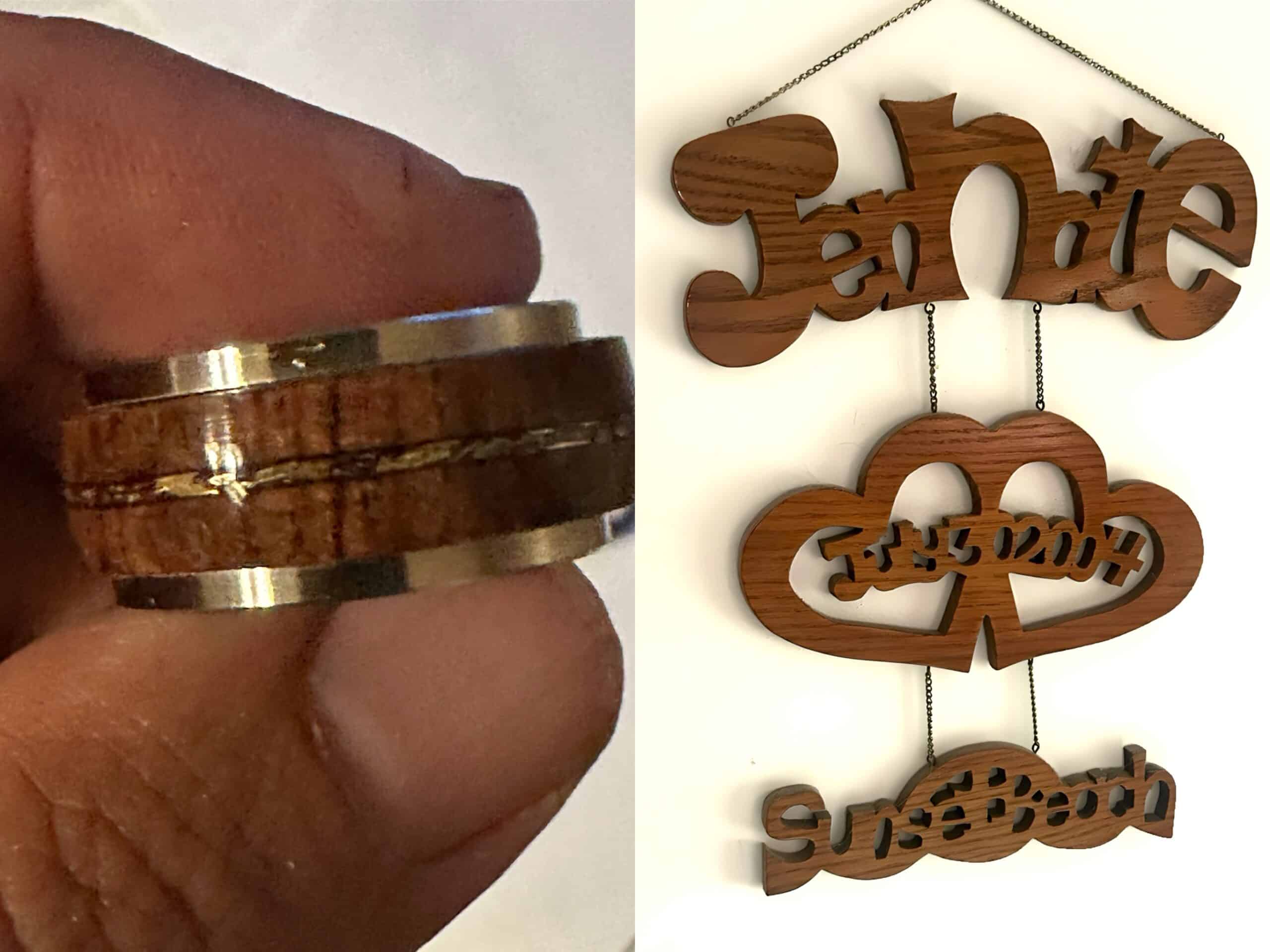 Wood anniversary gift ideas: wooden fidget ring on the left and wooden decor that reads: Jennate, july 30, 2004, sunsetbeach