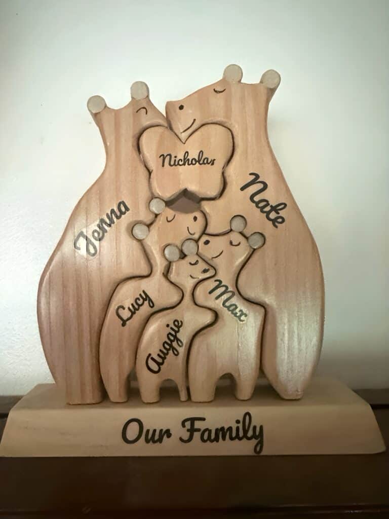 Wood anniversary gift ideas. Family of animals with names of our family on them.