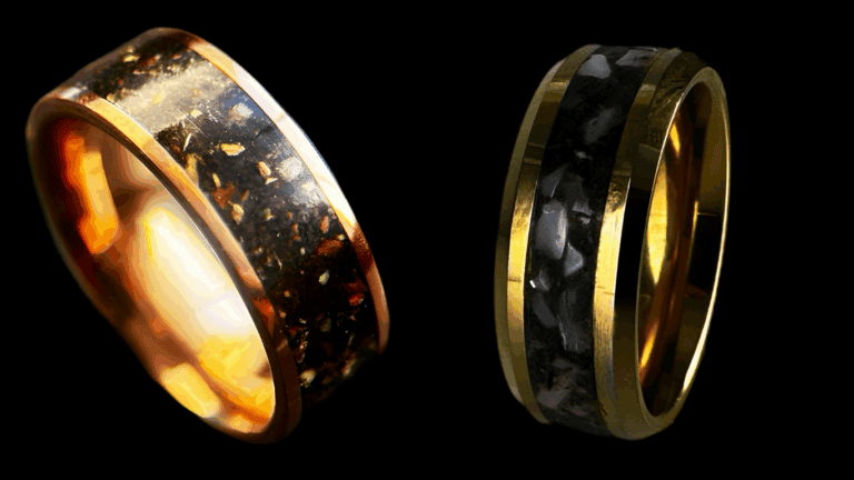 Handmade wedding rings: tea leaf ring set in copper ring; megalodon and mother of pearl set in a Nordic gold wedding ring.