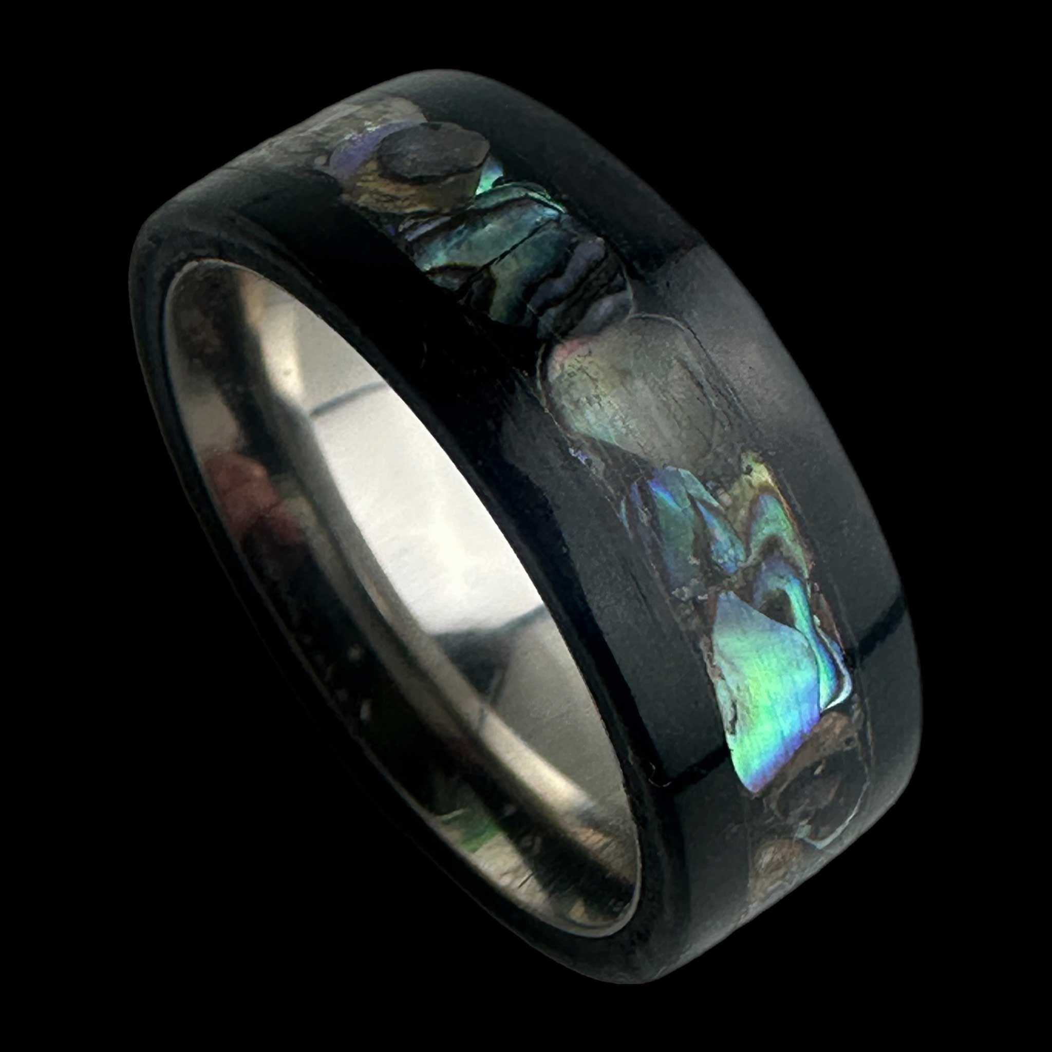 Blackwood ring with abalone inlay and stainless steel comfort core.