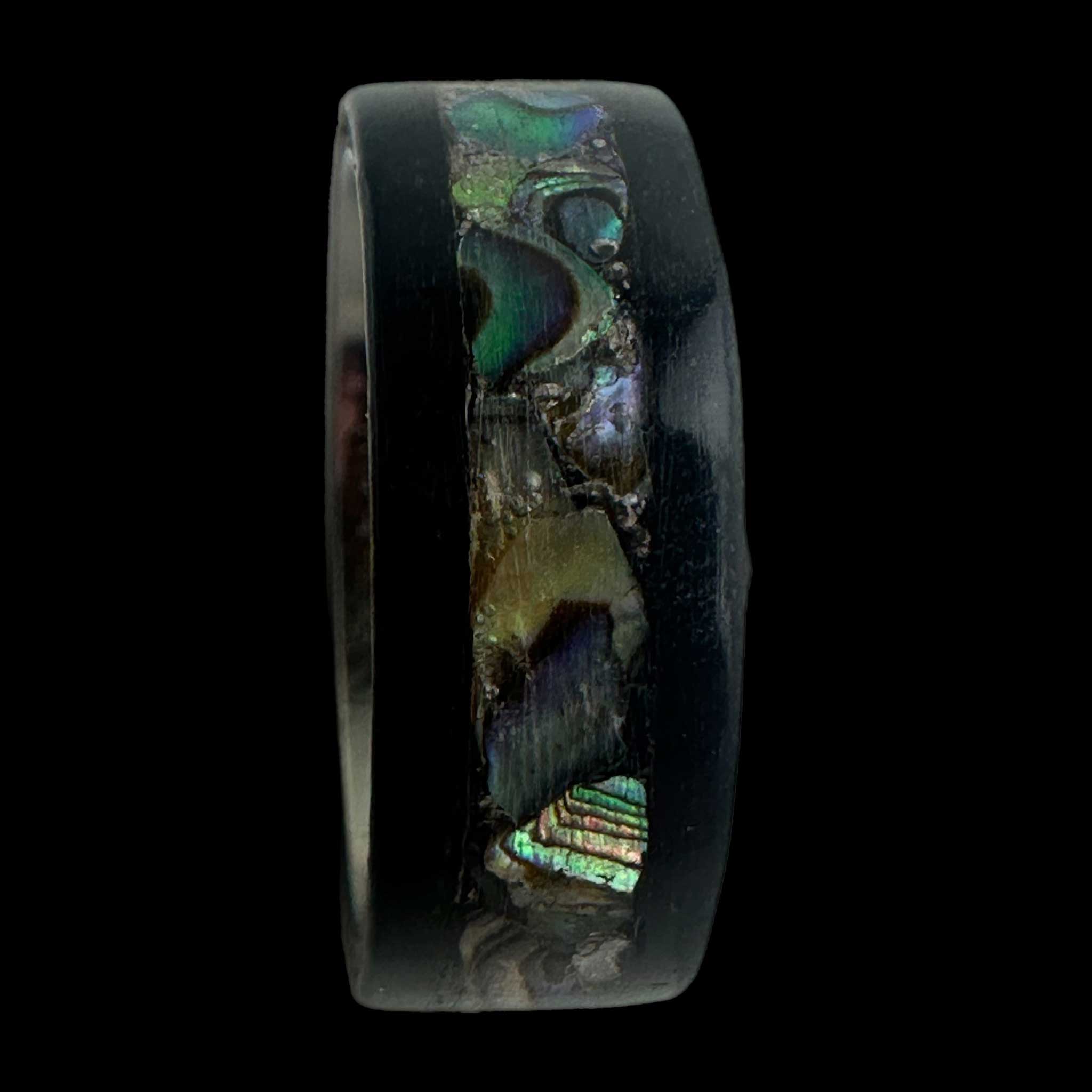 Blackwood ring with abalone inlay and stainless steel comfort core.