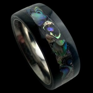 Blackwood ring with abalone inlay and stainless steel comfort core.