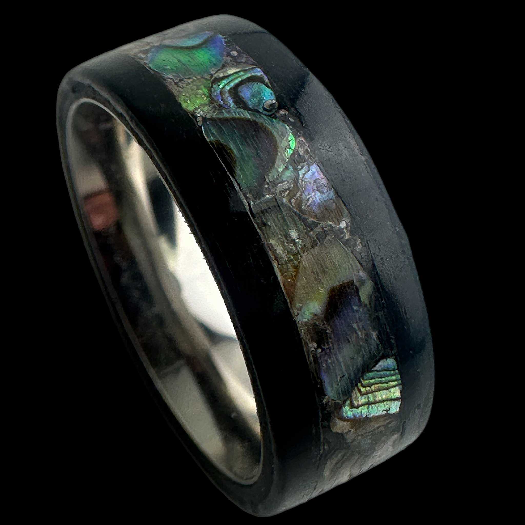 Blackwood ring with abalone inlay and stainless steel comfort core.